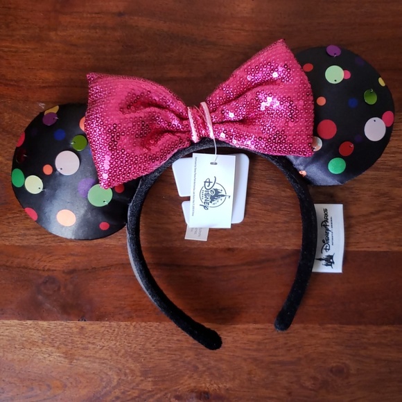 Disney Parks Minnie Mouse Ears Bow Multi Color Polka Dot Pink Headband Hat NEW